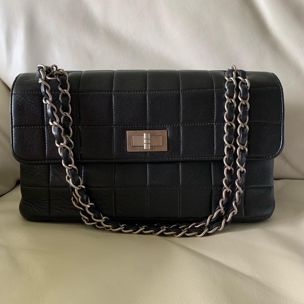Chanel Chocolate Bar Multi Pocket Bag Black Lambskin Vintage